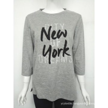 Grey letter print women's seven-quarter sleeve T-shirt